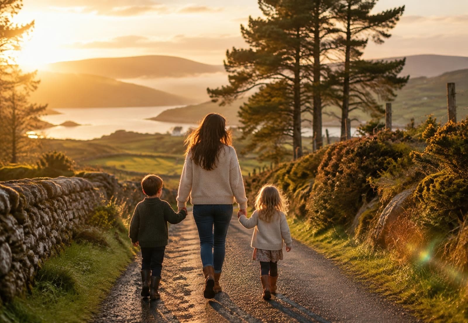 Mother and two children walking hand in hand down an Irish country lane at sunset